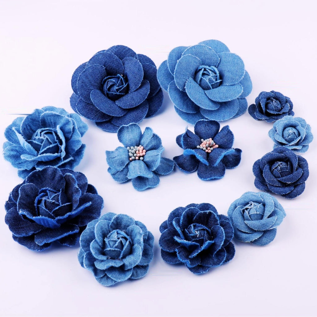 Denim Flower Appliques – Layered Denim Roses & Beaded Flowers