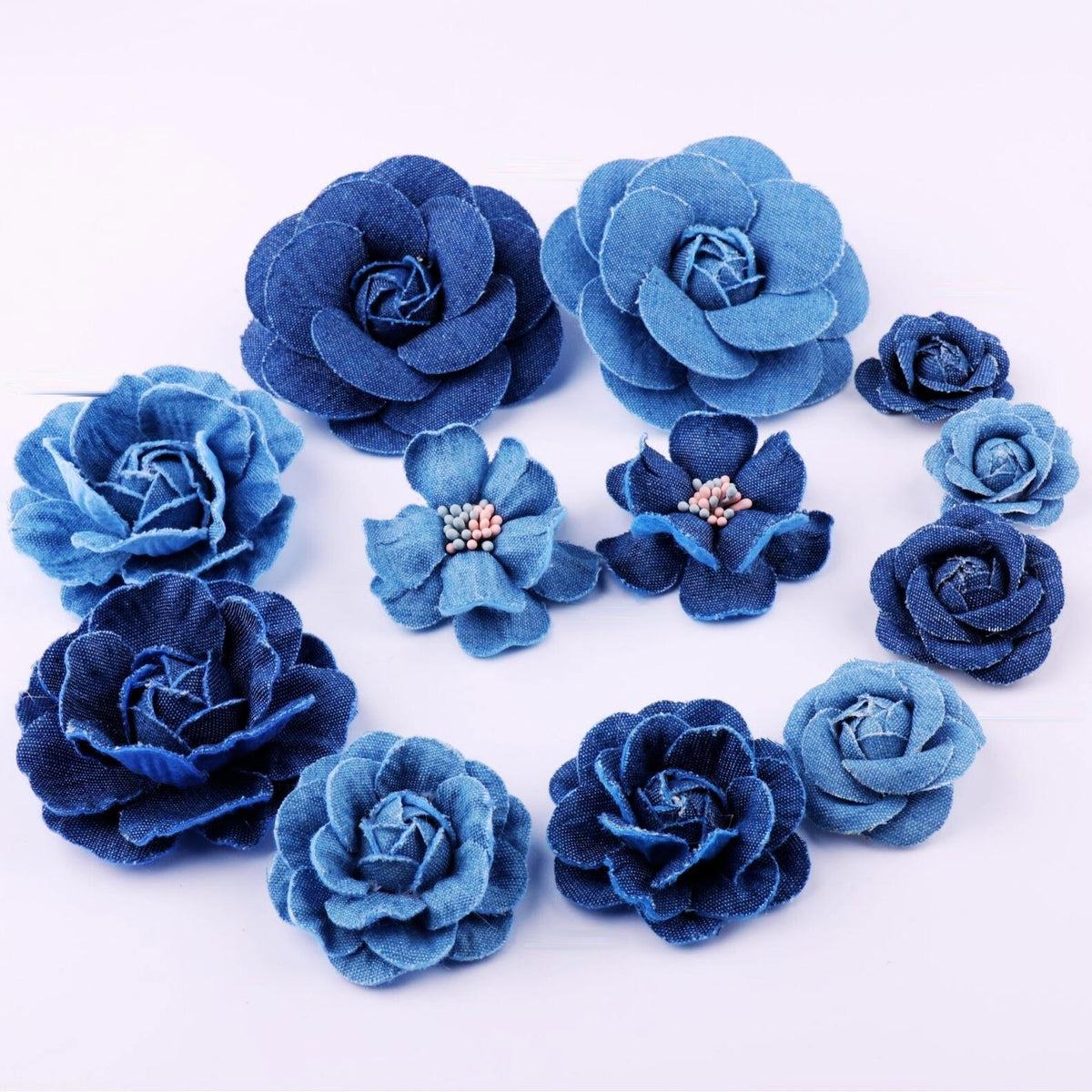 Denim Flower Appliques – Layered Denim Roses & Beaded Flowers