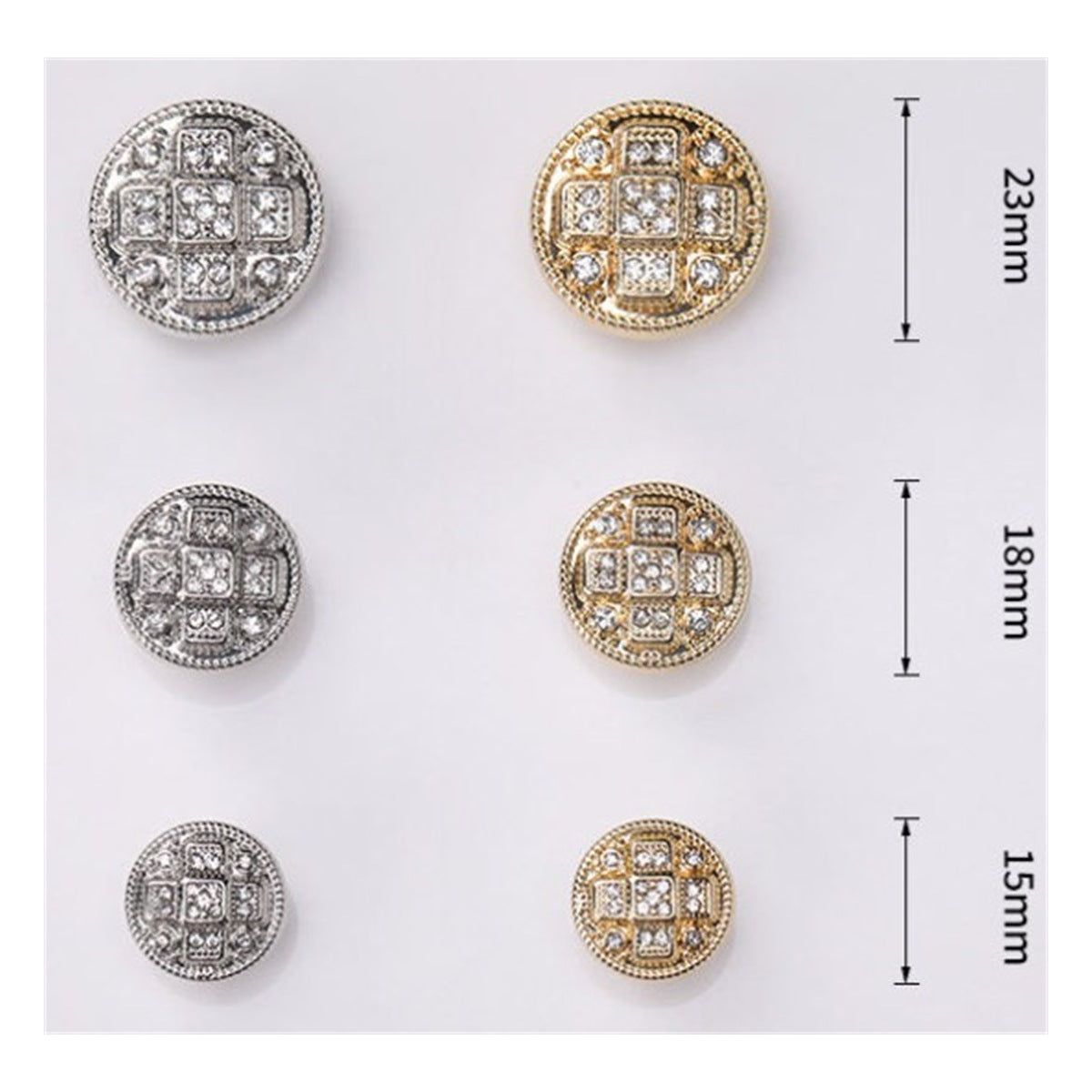 Rhinestone Cross Metal Buttons – Gold & Silver, 15mm, 18mm & 23mm, for Jackets & Knitwear