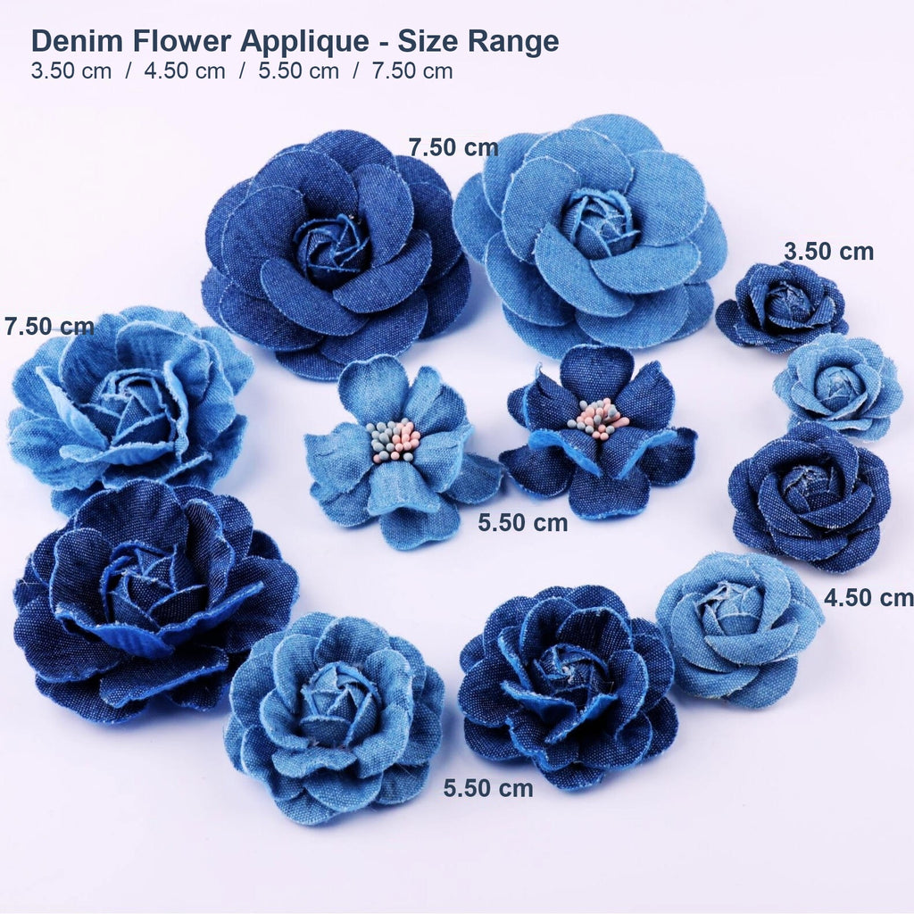 Denim Flower Appliques – Layered Denim Roses & Beaded Flowers