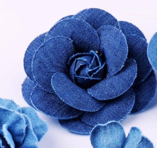 Denim Flower Appliques – Layered Denim Roses & Beaded Flowers