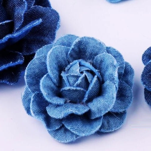 Denim Flower Appliques – Layered Denim Roses & Beaded Flowers