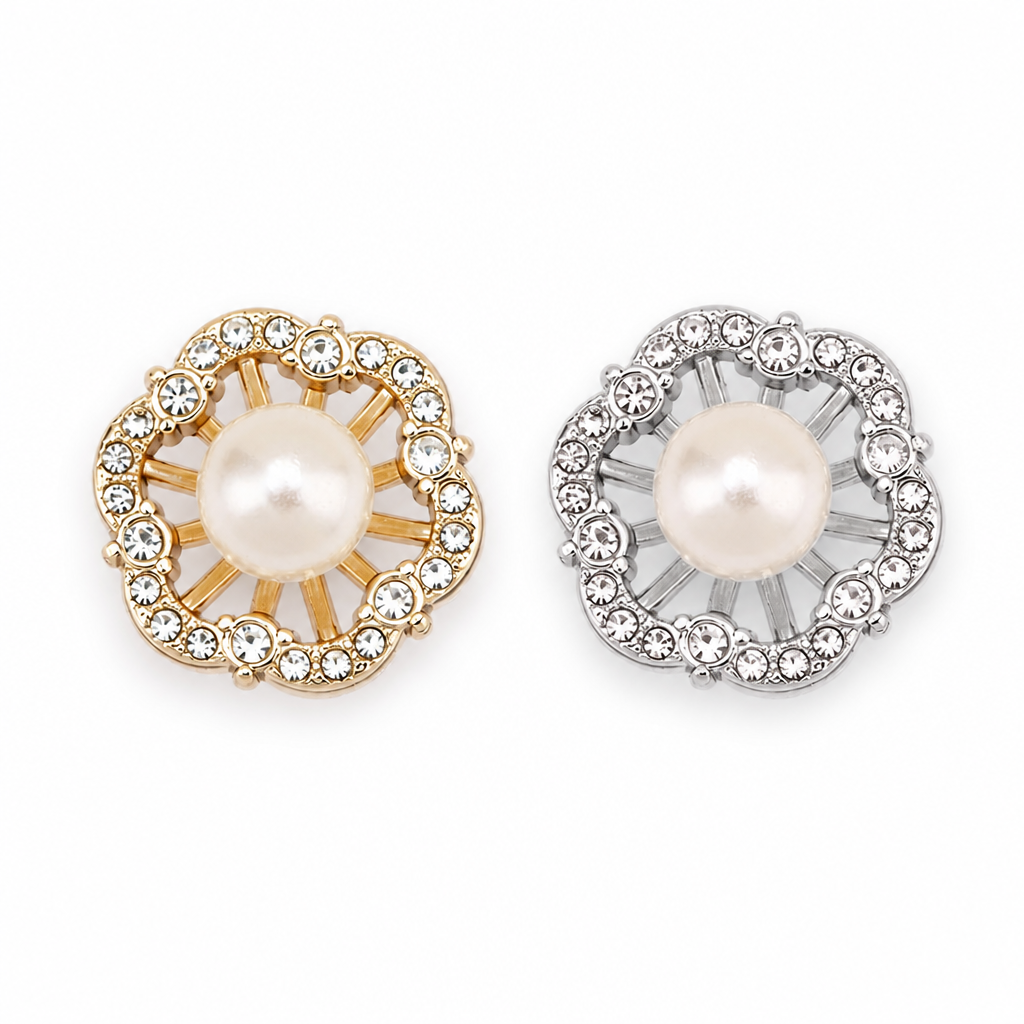 Floral Pearl Rhinestone Buttons – Gold & Silver Alloy Buttons, 15mm & 20mm for Coats, Outerwear & Knitwear