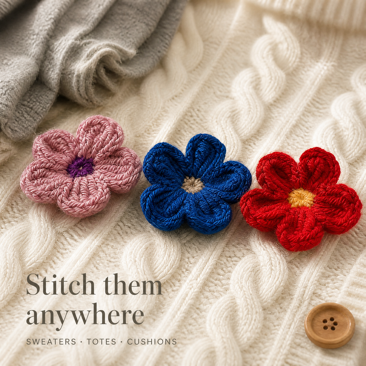 Crochet Flower Patches | Yarn Appliqué Embellishments for Knitwear