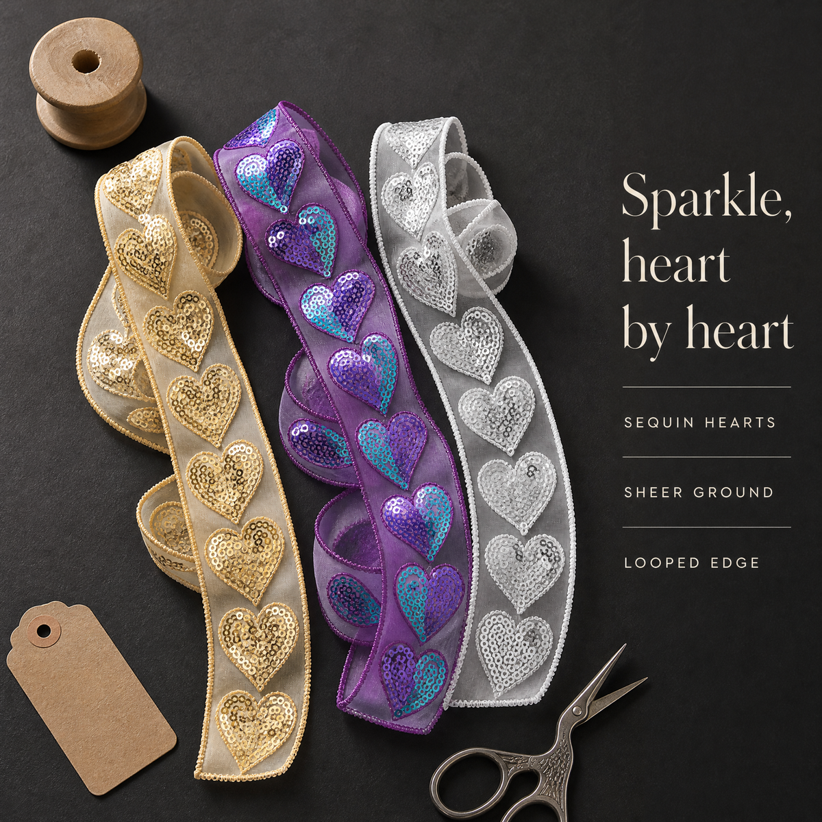 Sequin Heart Trim | Sheer Ribbon for Bridal, Hems & Party Sewing