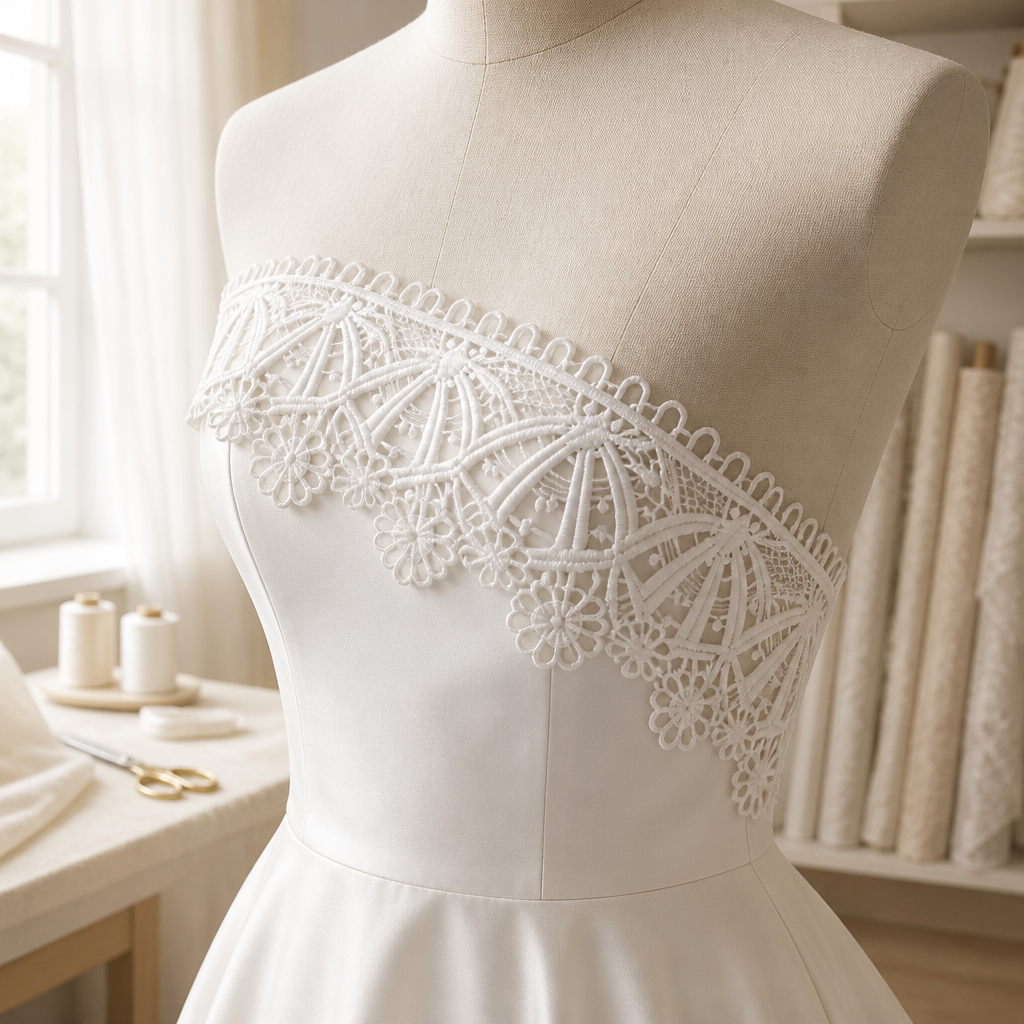 White Guipure Embroidered Lace Trim - Scalloped Floral Edge, 9.5 cm Wide, Wedding Dress Lace