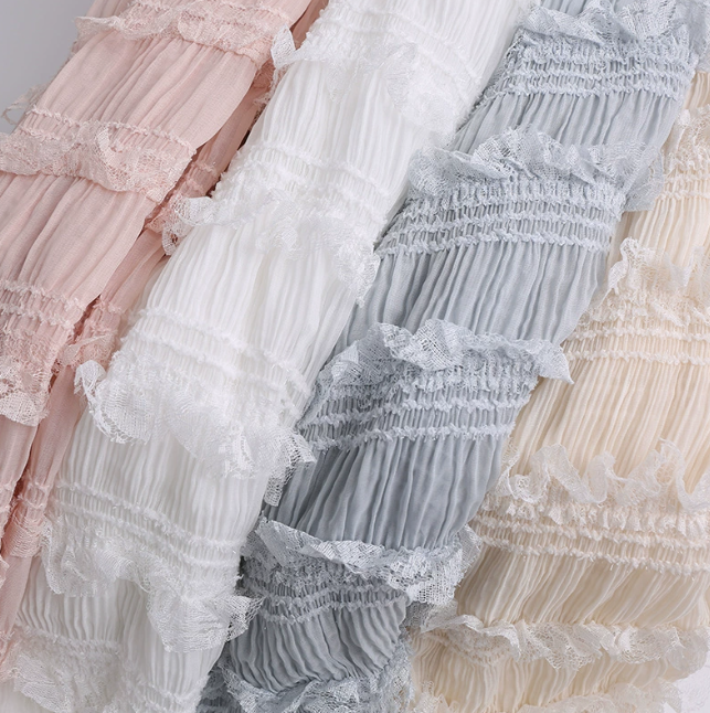 Fancy New Arrival Cute Ruffle Lace Stretchy Chiffon Fabric for Dress Making