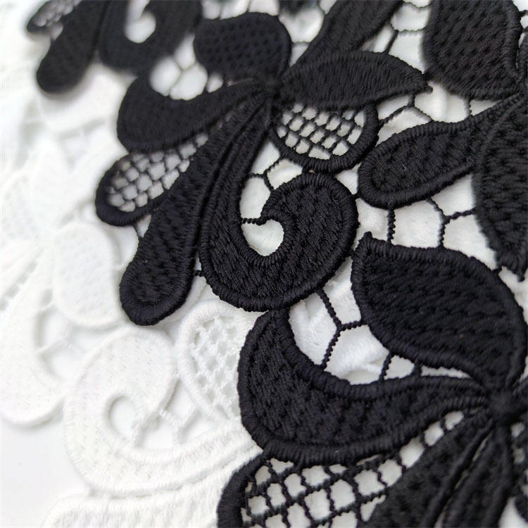 Black & White Floral Embroidered Lace Trim with Mesh, Scalloped Edge