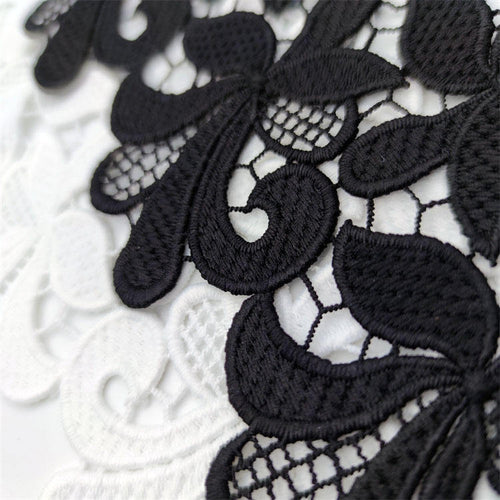 Black & White Floral Embroidered Lace Trim with Mesh, Scalloped Edge