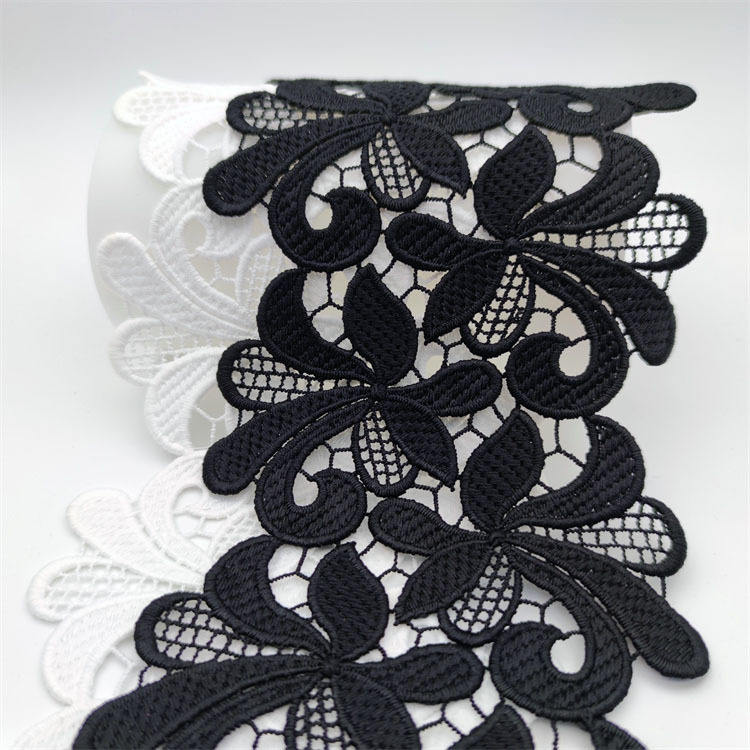 Black & White Floral Embroidered Lace Trim with Mesh, Scalloped Edge