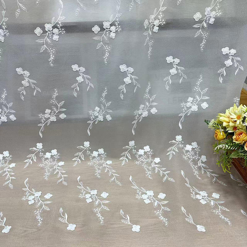 Chiffon Lace Embroidery Fabric Polyester/Cotton 3D Floral Pattern 125cm Width for Garment Use