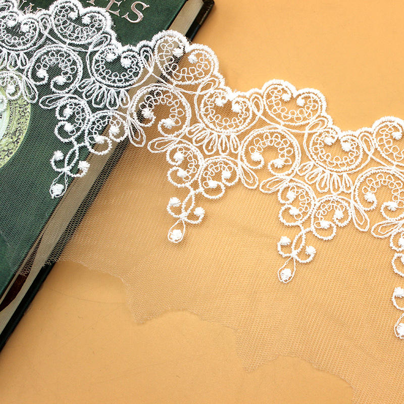 White Black Embroidered Mesh Tulle Lace Trim 9.5cm Herringbone Polyester Cotton for Garments & Bridal