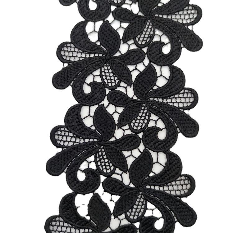 Black & White Floral Embroidered Lace Trim with Mesh, Scalloped Edge