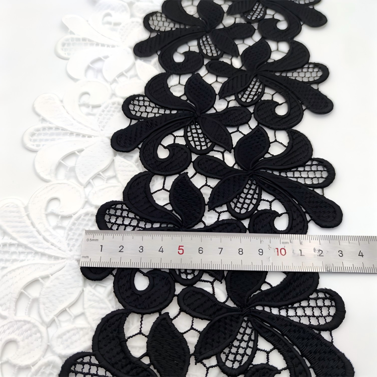 Black & White Floral Embroidered Lace Trim with Mesh, Scalloped Edge