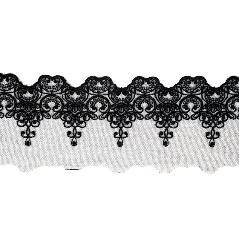 White Black Embroidered Mesh Tulle Lace Trim 9.5cm Herringbone Polyester Cotton for Garments & Bridal