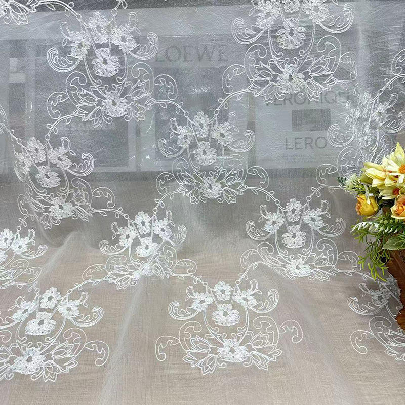 Chiffon Lace Embroidery Fabric Polyester/Cotton 3D Floral Pattern 125cm Width for Garment Use