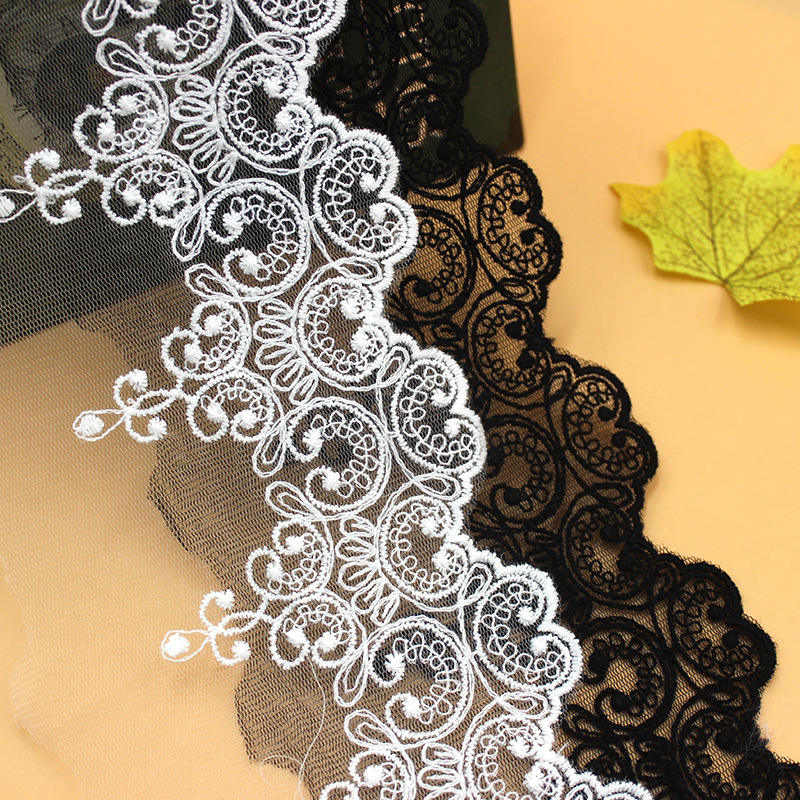 White Black Embroidered Mesh Tulle Lace Trim 9.5cm Herringbone Polyester Cotton for Garments & Bridal
