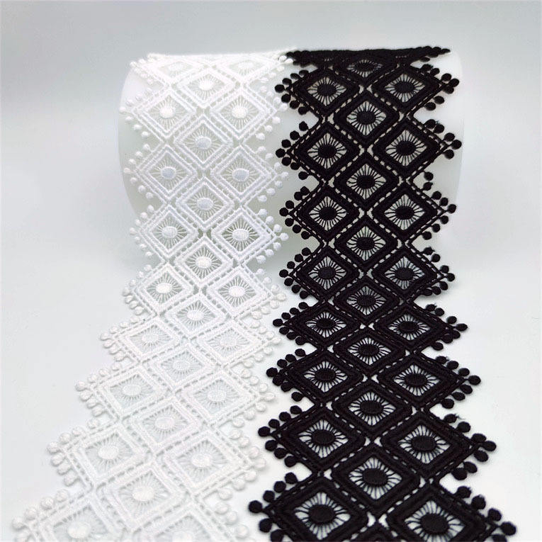 7cm Diamond Geometric Milky Polyester Lace Trim Rhinestone Pattern for Fashion Garment Decoration