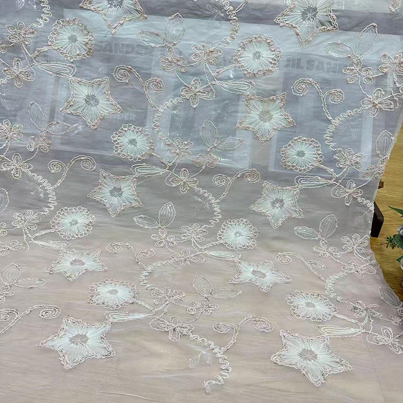Chiffon Lace Embroidery Fabric Polyester/Cotton 3D Floral Pattern 125cm Width for Garment Use