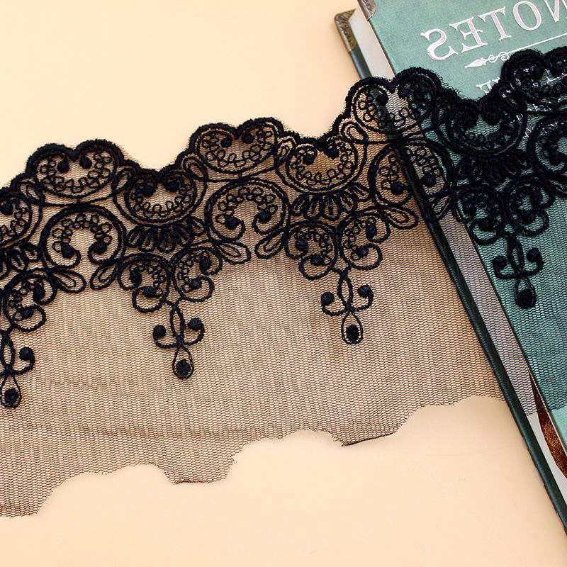 White Black Embroidered Mesh Tulle Lace Trim 9.5cm Herringbone Polyester Cotton for Garments & Bridal