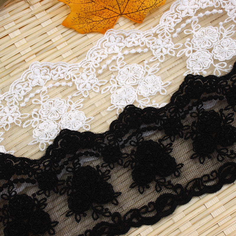 Embroidered Tulle Lace Ribbon 7.5cm White Black Polyester Cotton for Skirt Hem & Women's Wear