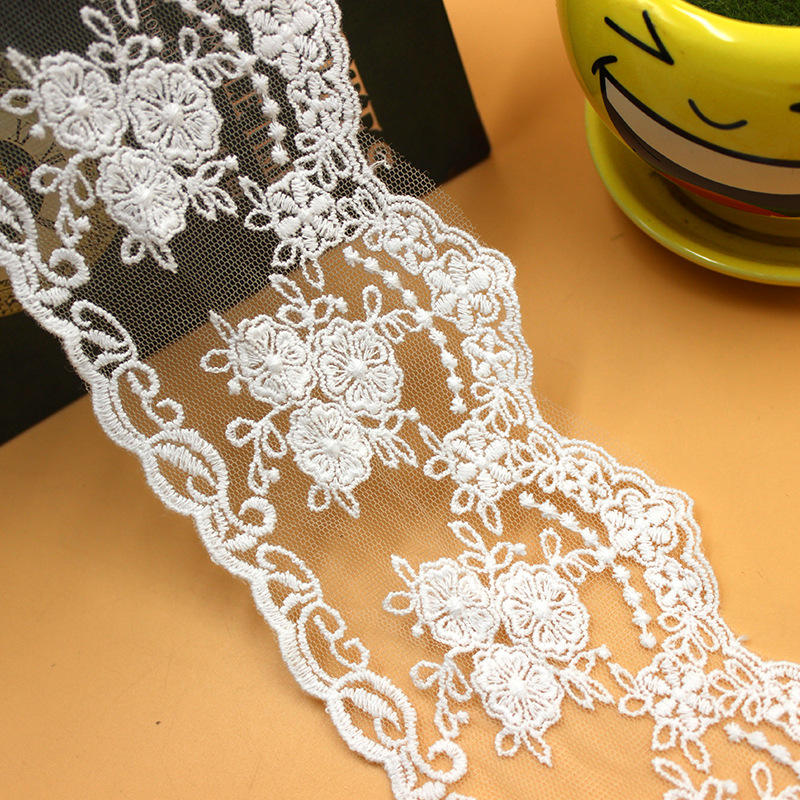 Embroidered Tulle Lace Ribbon 7.5cm White Black Polyester Cotton for Skirt Hem & Women's Wear
