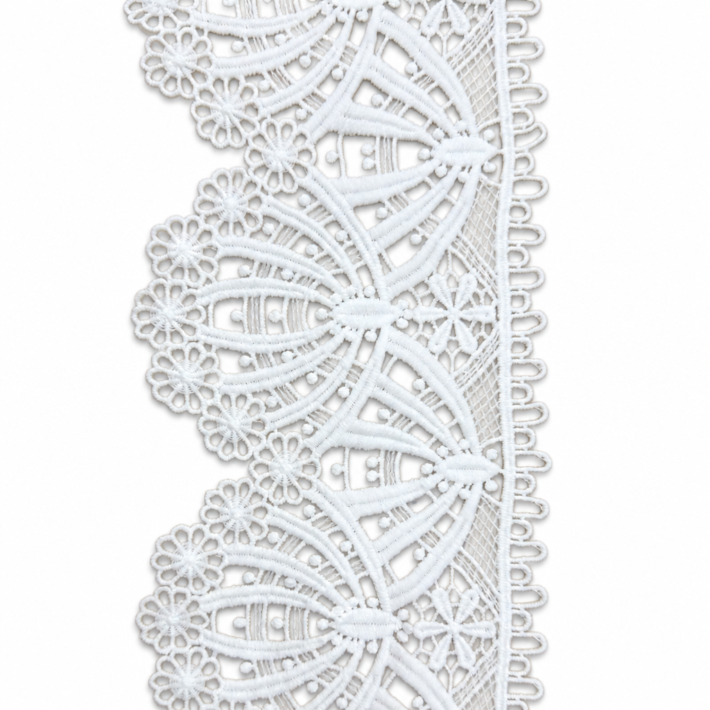 White Guipure Embroidered Lace Trim - Scalloped Floral Edge, 9.5 cm Wide, Wedding Dress Lace