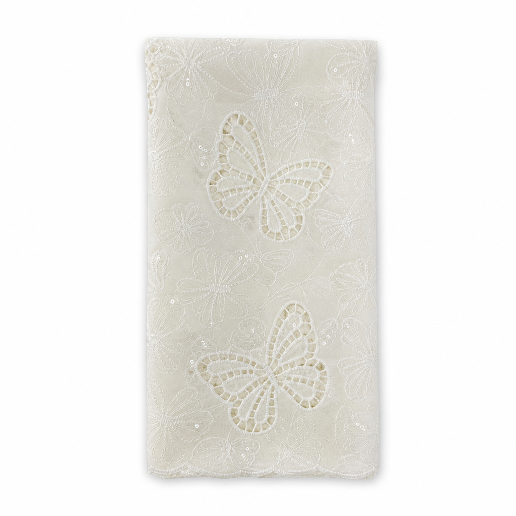 Embroidered Butterfly Lace Fabric with Sequins – Eyelet Cutwork Lace Fabric for Wedding Dresses, Wholesale by the Yard