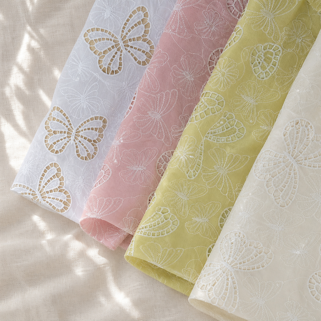 Embroidered Butterfly Lace Fabric with Sequins – Eyelet Cutwork Lace Fabric for Wedding Dresses, Wholesale by the Yard