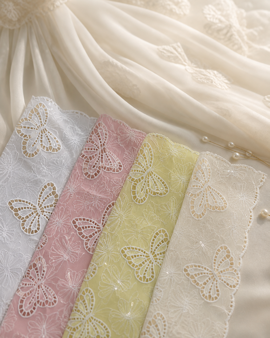 Embroidered Butterfly Lace Fabric with Sequins – Eyelet Cutwork Lace Fabric for Wedding Dresses, Wholesale by the Yard