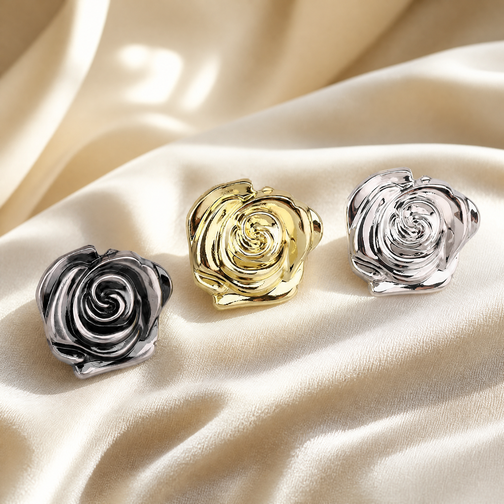 Metal Rose Buttons - 3D Rose Ornament Buttons for Coats, Knitwear & Bridal Wear