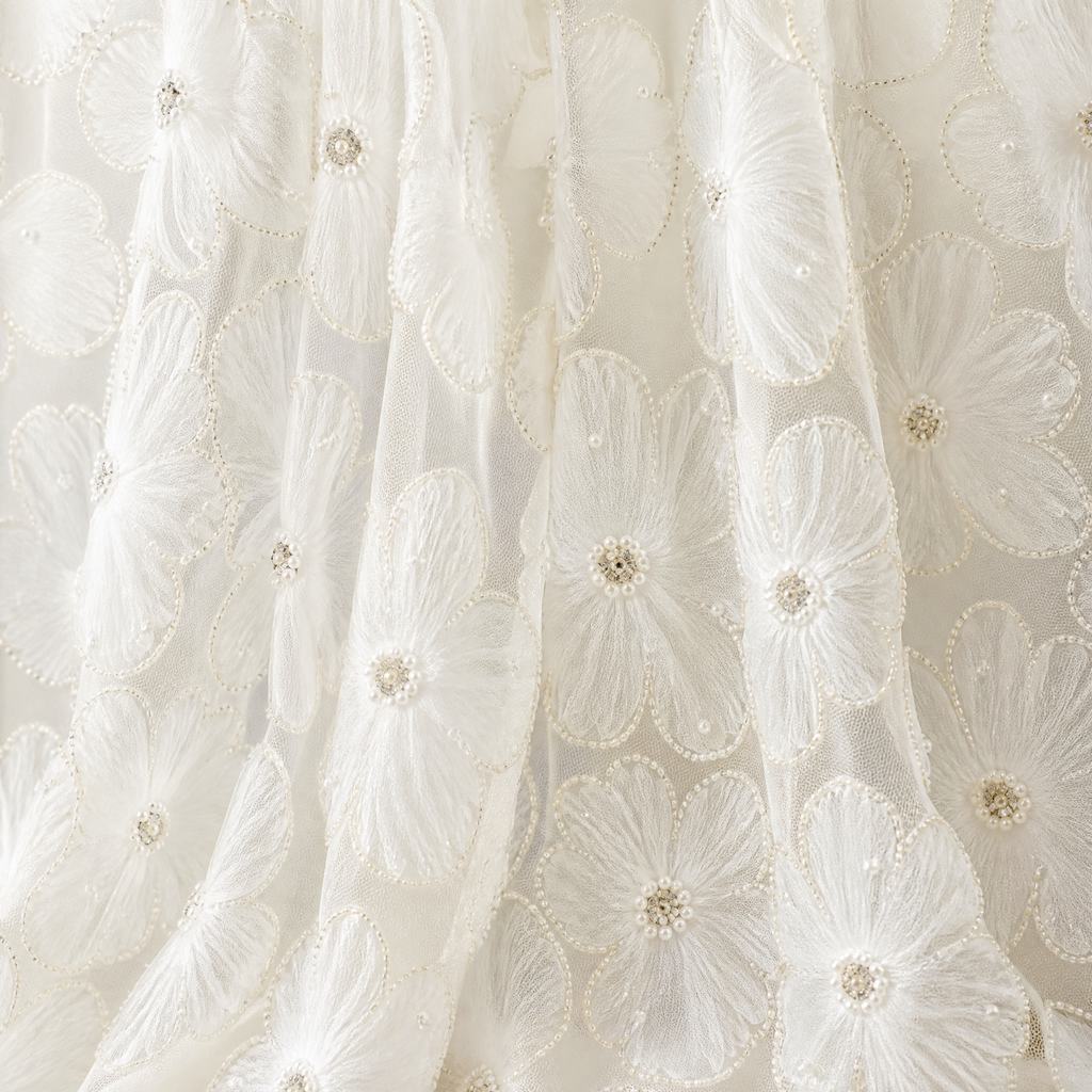 Beaded Floral Lace Fabric | Sheer 3D Flower Lace for Bridal Gowns
