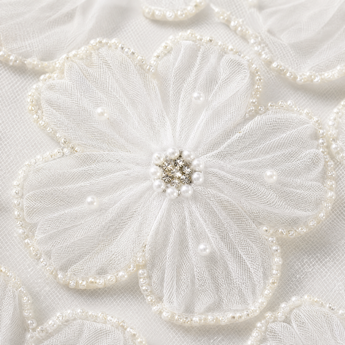 Beaded Floral Lace Fabric | Sheer 3D Flower Lace for Bridal Gowns