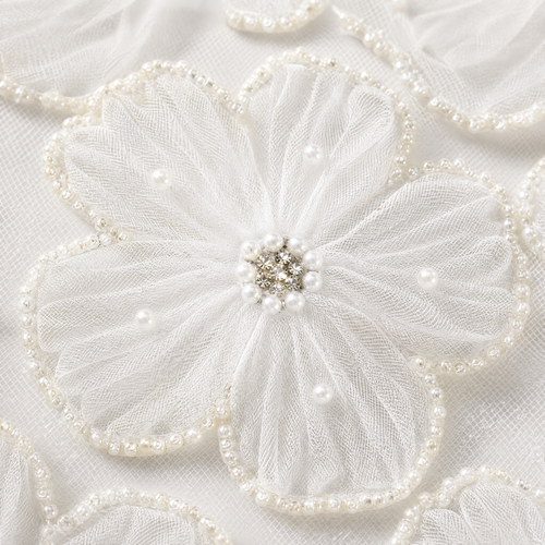 Beaded Floral Lace Fabric | Sheer 3D Flower Lace for Bridal Gowns