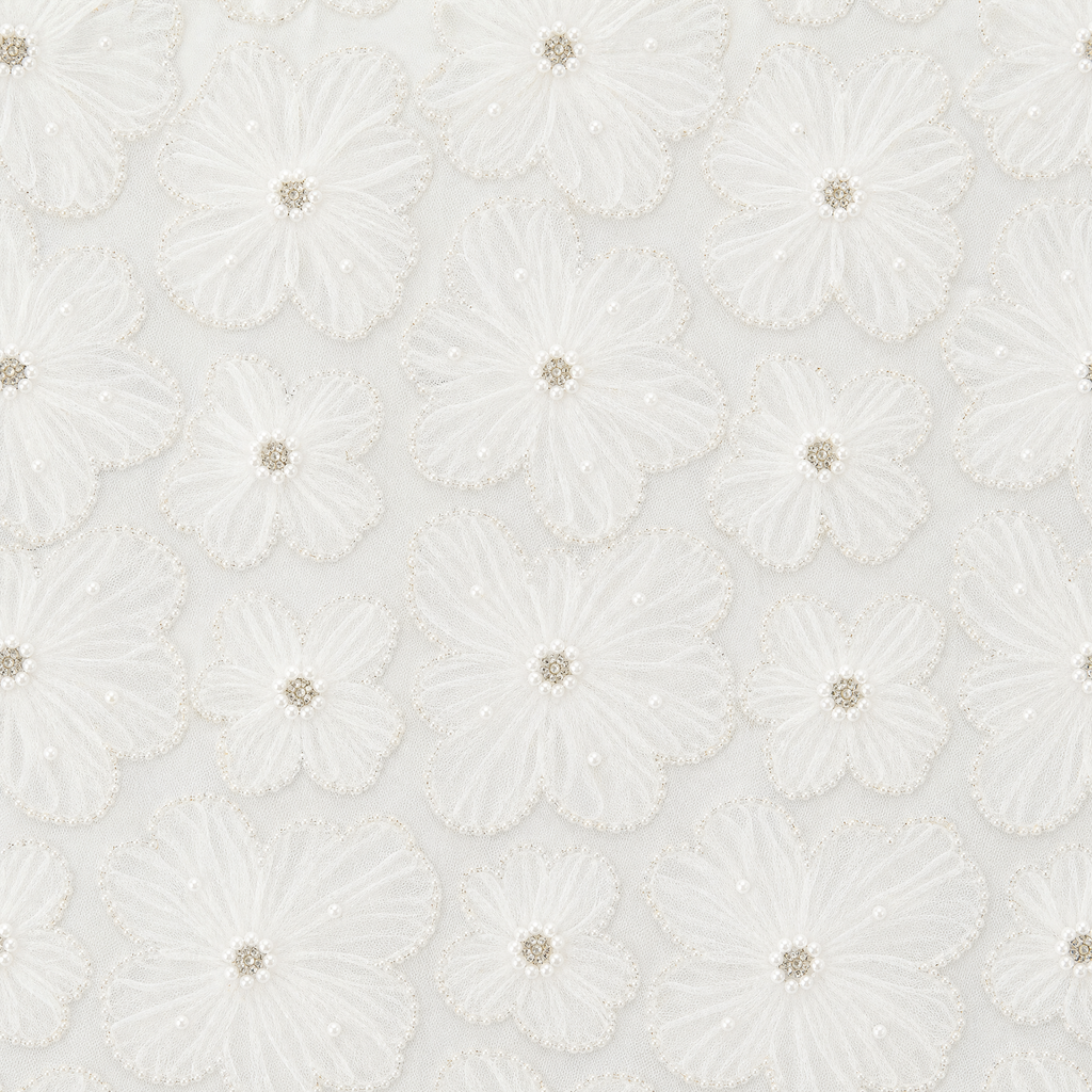 Beaded Floral Lace Fabric | Sheer 3D Flower Lace for Bridal Gowns