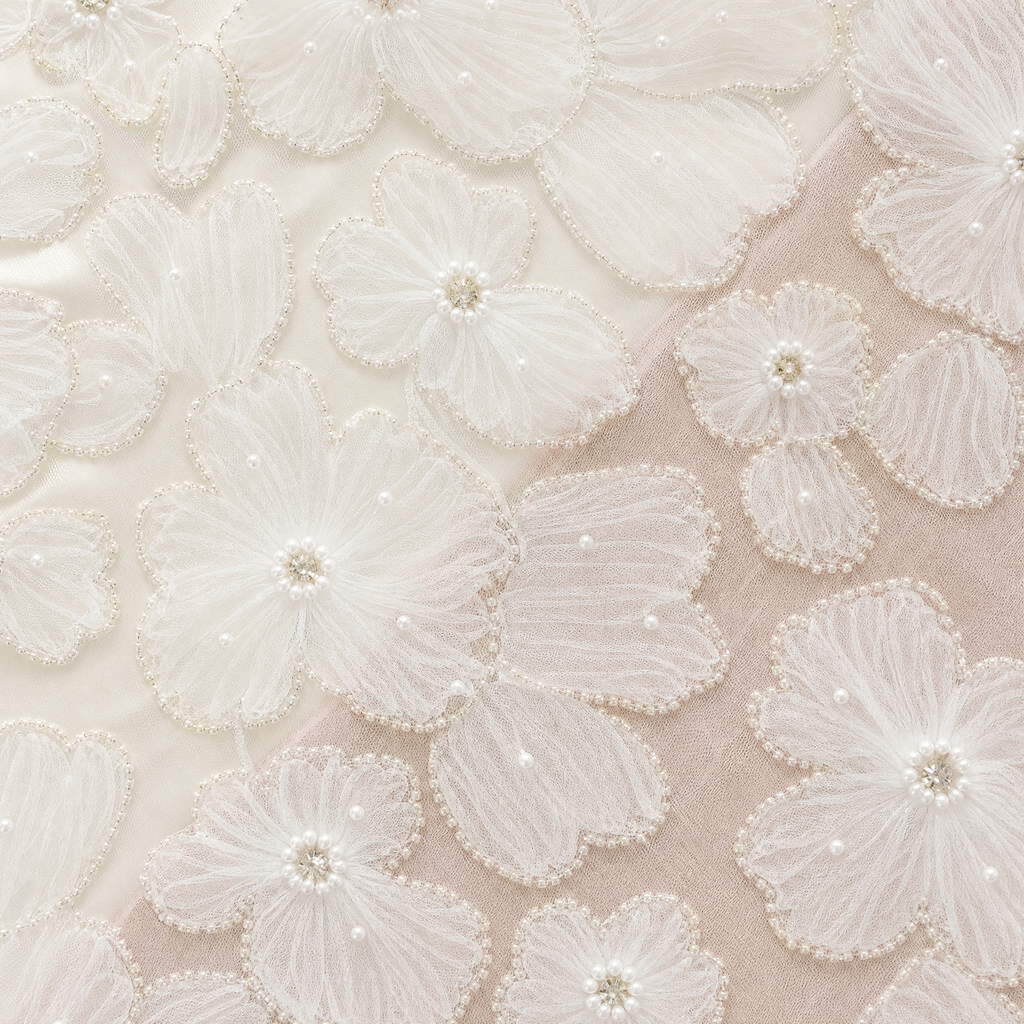Beaded Floral Lace Fabric | Sheer 3D Flower Lace for Bridal Gowns