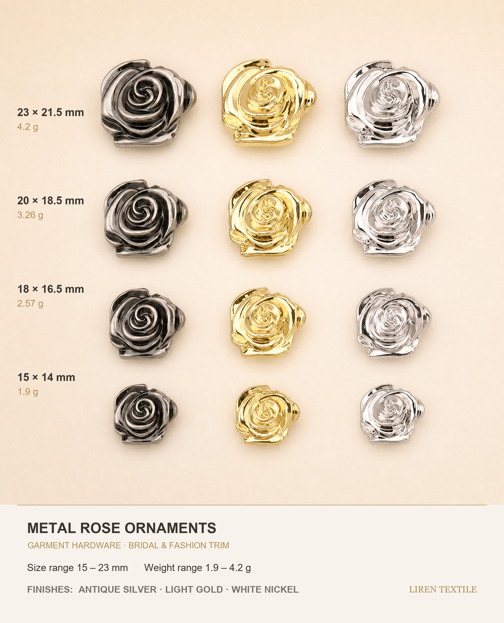 Metal Rose Buttons - 3D Rose Ornament Buttons for Coats, Knitwear & Bridal Wear
