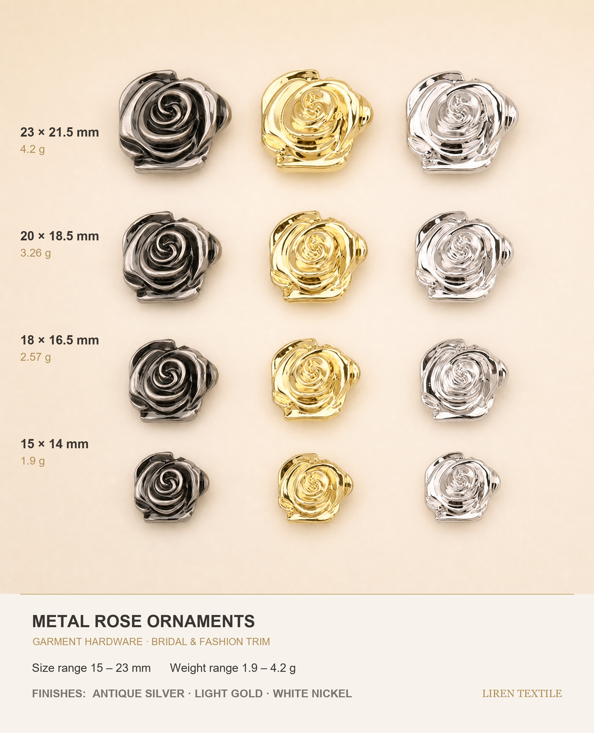 Metal Rose Buttons - 3D Rose Ornament Buttons for Coats, Knitwear & Bridal Wear